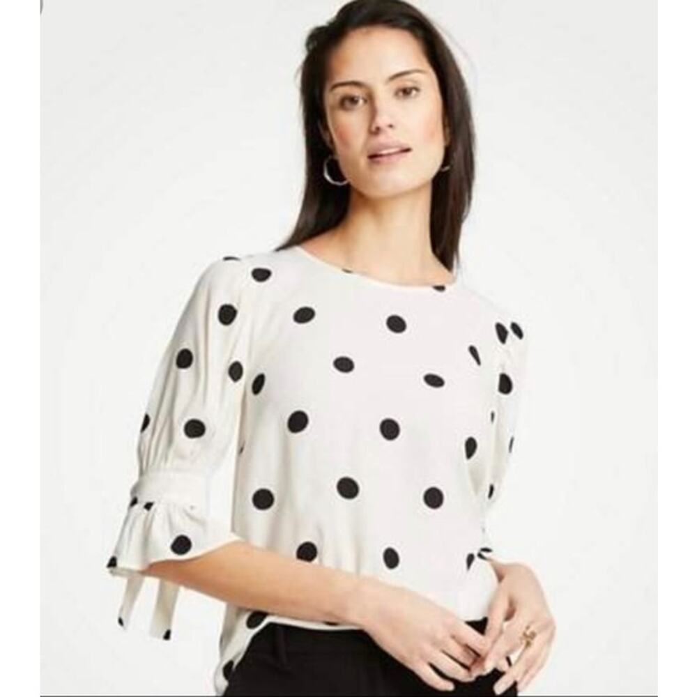 Ann Taylor Women's Blouse White Black Polka Dots Tie Sleeves Sheer Round Neck S